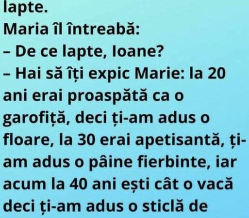 Maria implinește 40 ani. Ion ii aduce Mariei o sticlă de lapte. Maria îl întreabă