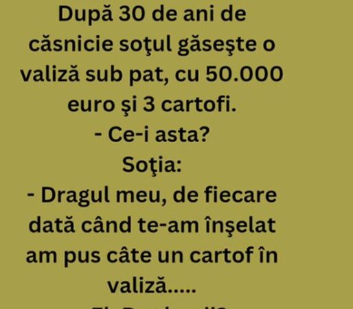 După 30 de ani de căsnicie soţul găseşte o valiză sub pat cu 50.000 euro şi 3 cartofi.