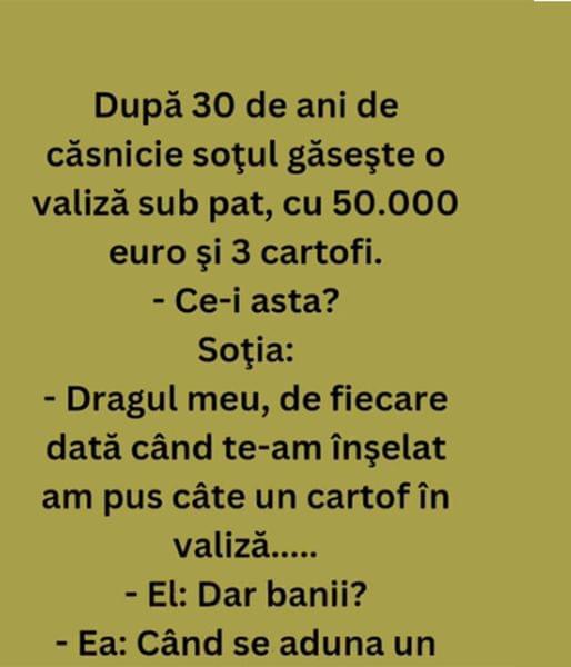 După 30 de ani de căsnicie soţul găseşte o valiză sub pat cu 50.000 euro şi 3 cartofi.