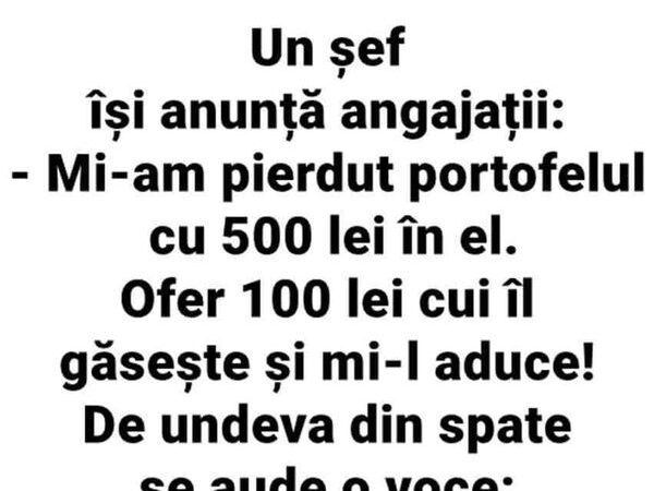 BANC  Un șef își anunță angajații Mi-am pierdut portofelul cu 500 de lei în el. Ofer 100 de lei cui îl găsește