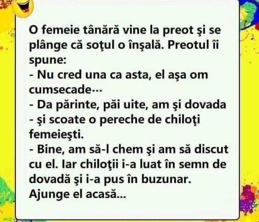 O femeie tânără vine la preot şi se plânge că soţul o înşală.