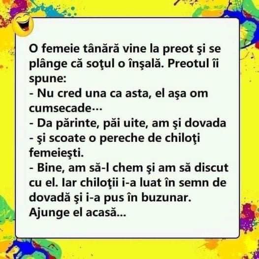 O femeie tânără vine la preot şi se plânge că soţul o înşală.