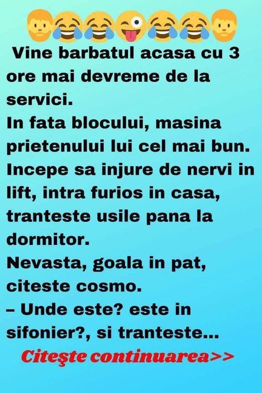 Vine barbatul acasa cu 3 ore mai devreme de la servici. In fata blocului masina prietenului lui cel mai bun.