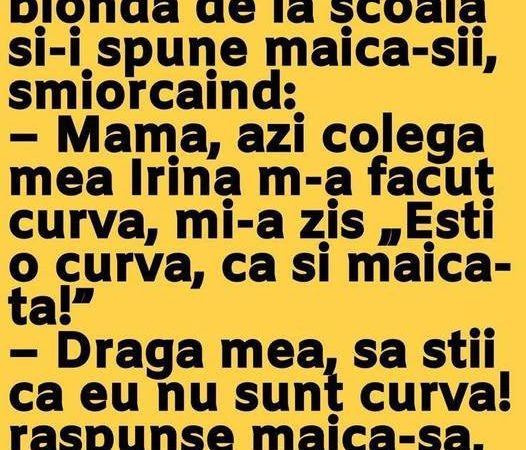 Vine Alinuta cea blonda de la scoala si-i spune maica-sii, smiorcaind:– Mama, azi colega mea Irina m-a facut curva, mi-a zis „Esti o curva, ca si maica-ta!”– Draga mea, sa stii ca eu