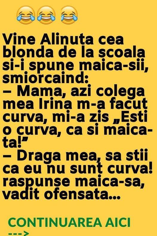 Vine Alinuta cea blonda de la scoala si-i spune maica-sii, smiorcaind:– Mama, azi colega mea Irina m-a facut curva, mi-a zis „Esti o curva, ca si maica-ta!”– Draga mea, sa stii ca eu