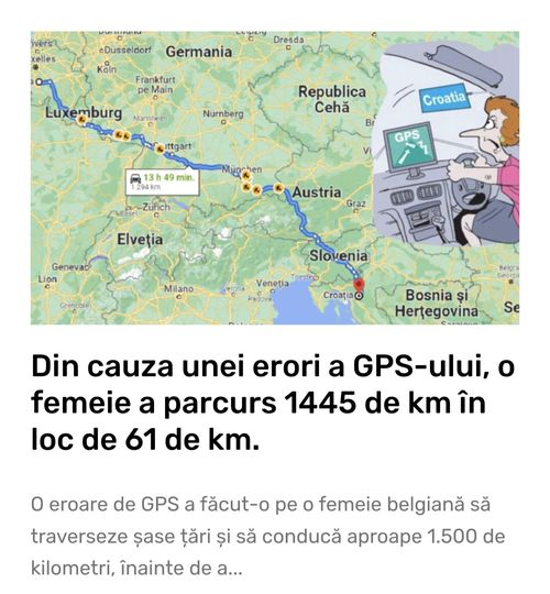 Din cauza unei erori a GPS-ului o femeie a parcurs 1445 de km în loc de 61 de km.